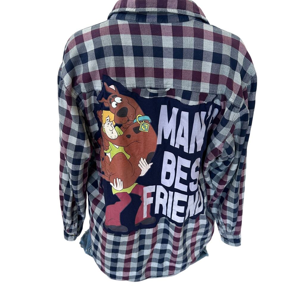Scooby Doo Plaid Flannel Shirt LARGE Oversized Upcycled Unique Shaggy Shacket